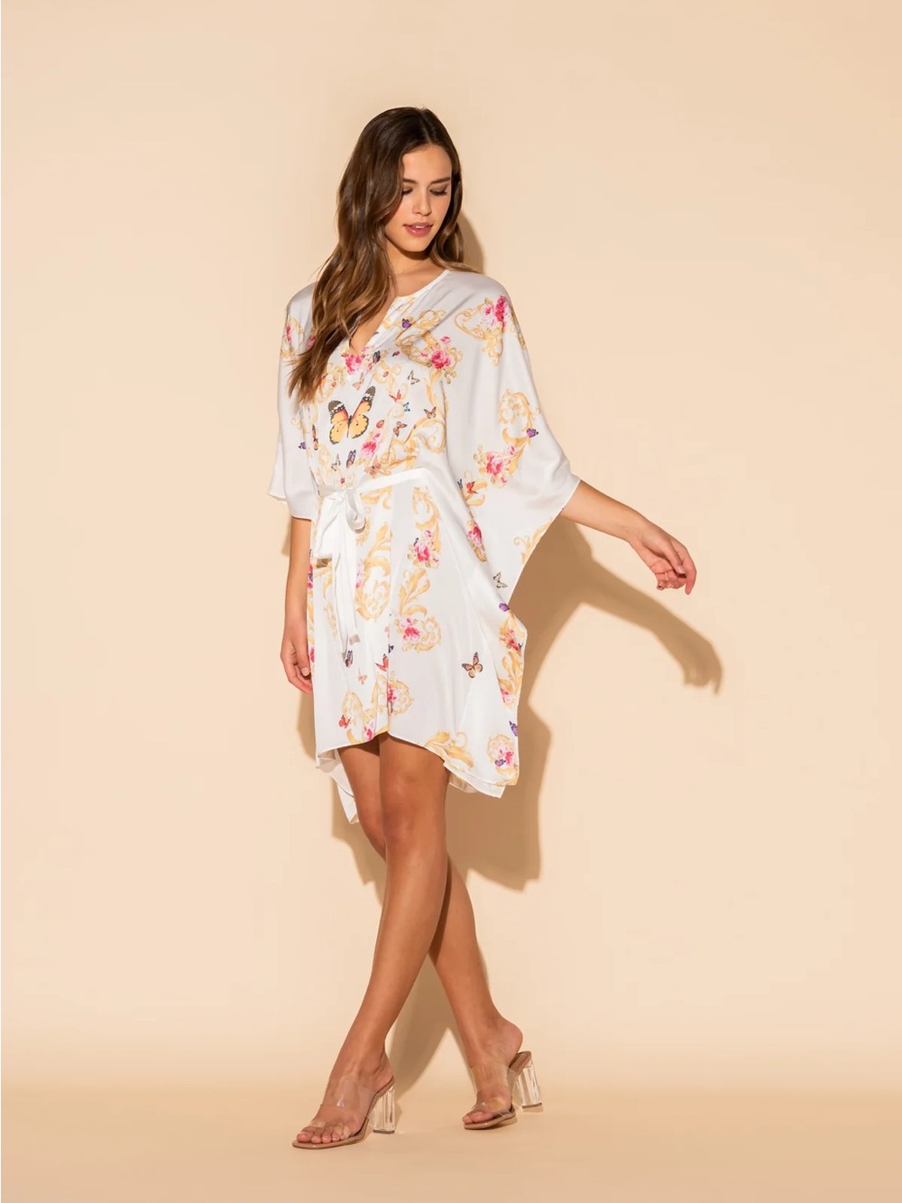 Wrap Up By VP White Butterfly Short Satin Caftan Belted Small Medium